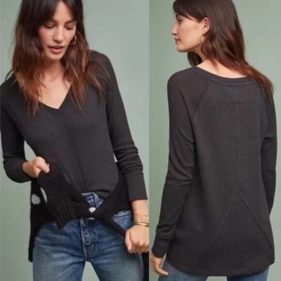 Anthropologie Maeve Pearson Waffle Knit Thermal Long Sleeve Black Size XS - Picture 1 of 8